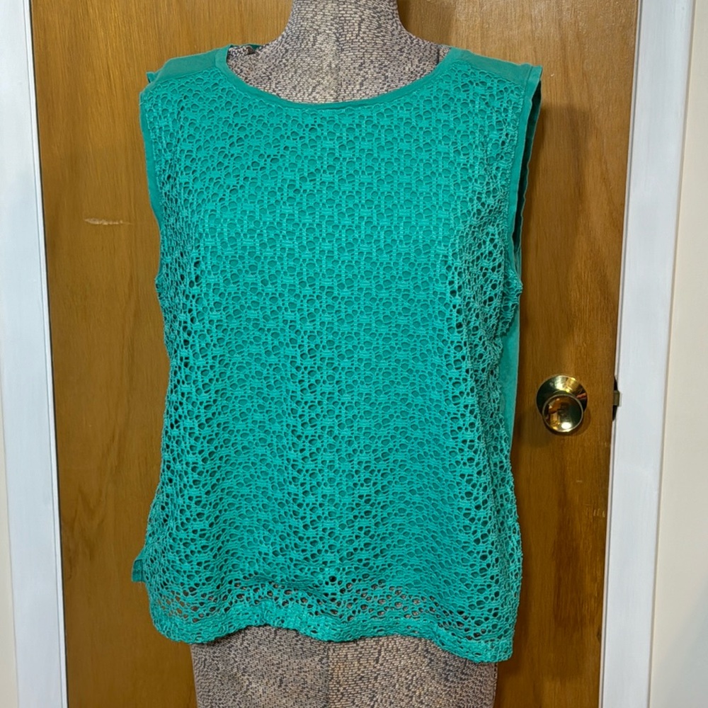 LOFT Womens XL Green Sleeveless Crew Neck Blouse Front Lace Overlay